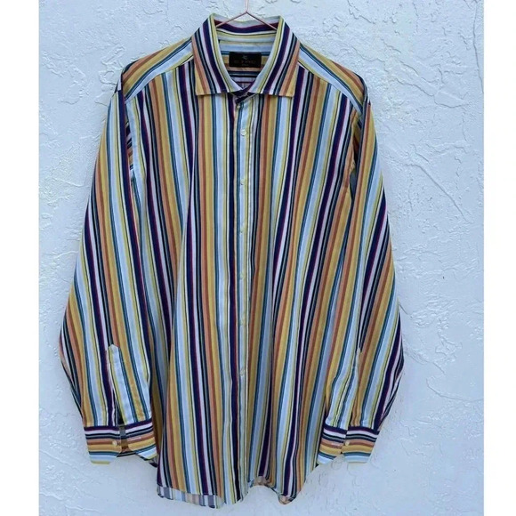 Etro Mens Vertical Striped Print Button Down Milano Polo Shirt Multicolor Sz 42 - Picture 9 of 10